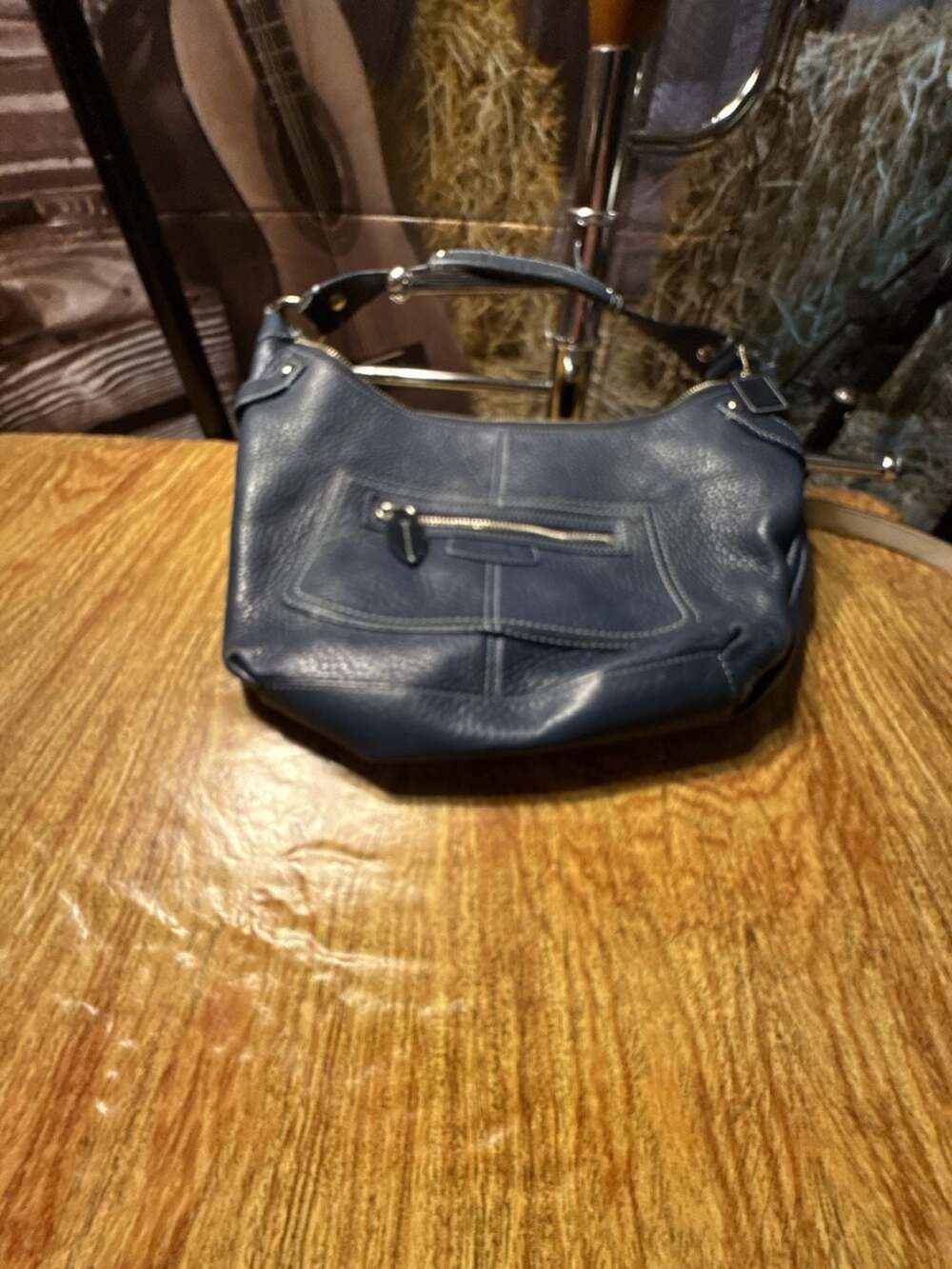 Coach Penelope Navy Blue Pebbled Leather Hobo Shoulder Bag